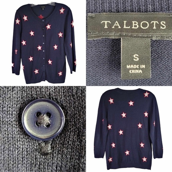 Talbots Sweater Women's Size S Navy Blue Star Print LS Cardigan Cotton Patriotic - Picture 1 of 9